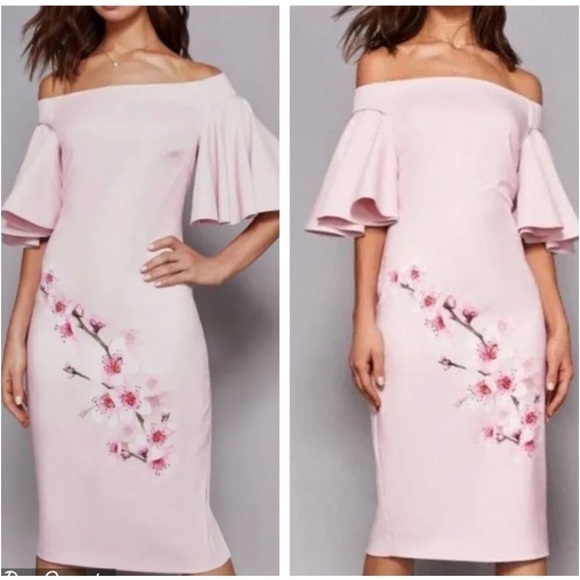 TED BAKER CALINDA SOFT BLOSSOM BARDOT DRESS PINK - Picture 8 of 14